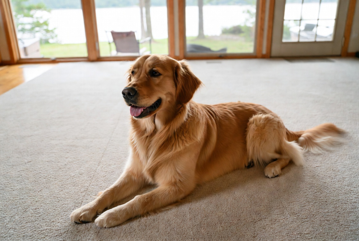 Golden retriever resting on clean carpet in a lakefront room