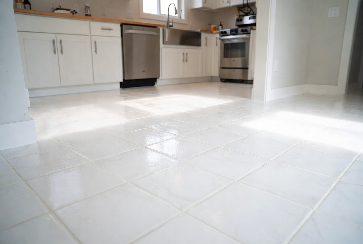 Clean tile and grout floor in a bright kitchen